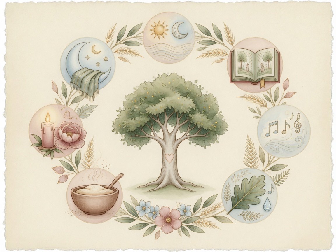 Watercolor tree wreath with seven childhood symbols