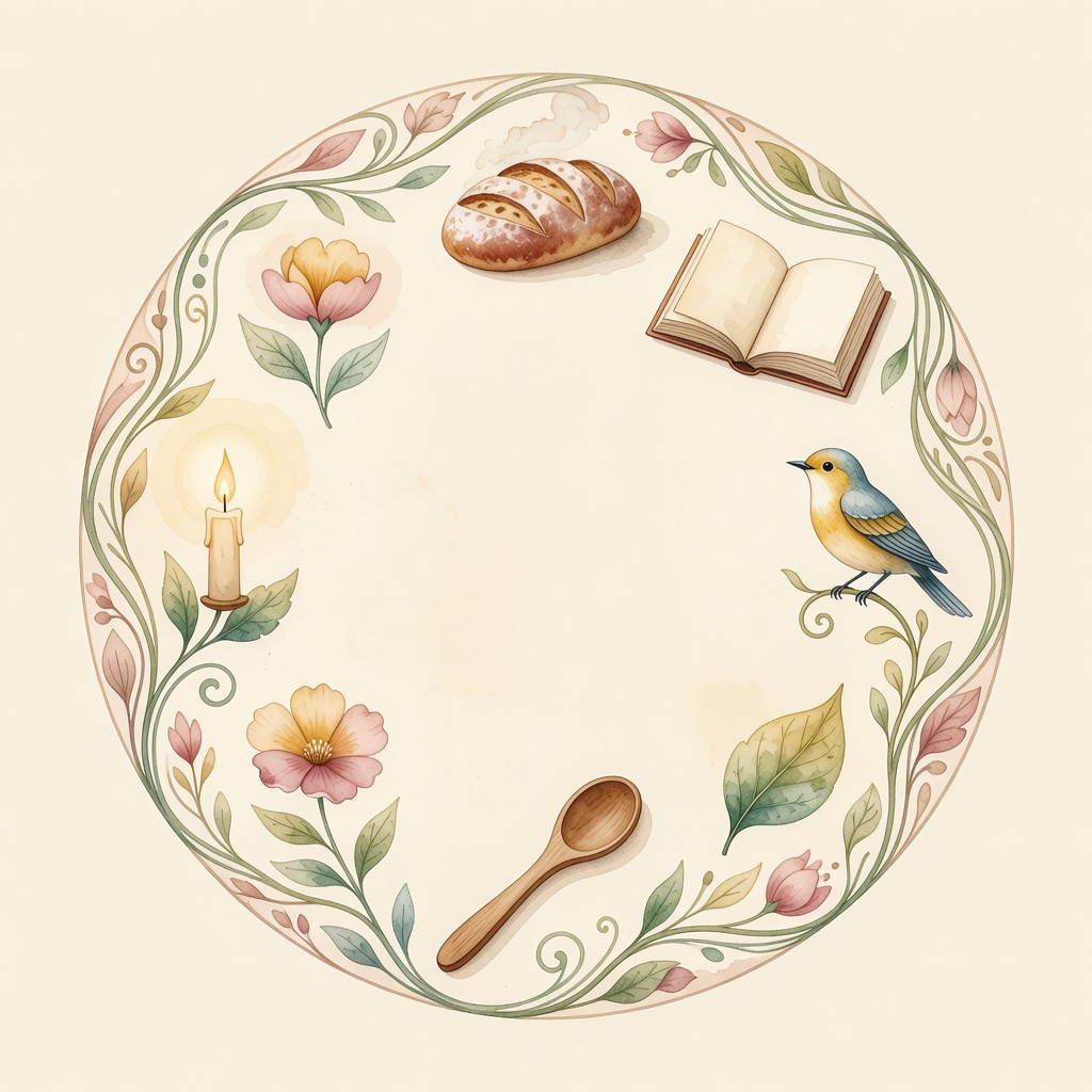 Watercolor wreath with seven childhood symbols
