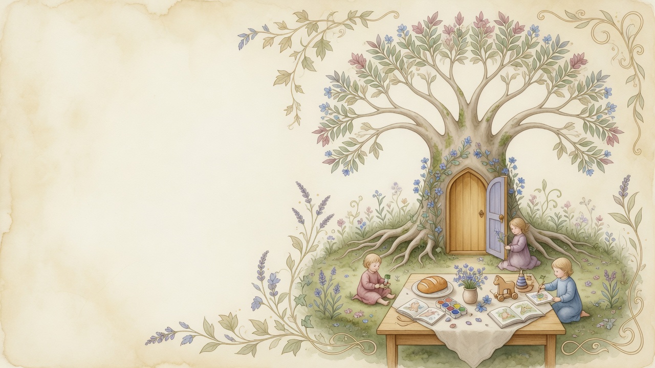 Sheltering watercolor tree, cozy cottage doorway, children, bread, flowers, and natural learning materials